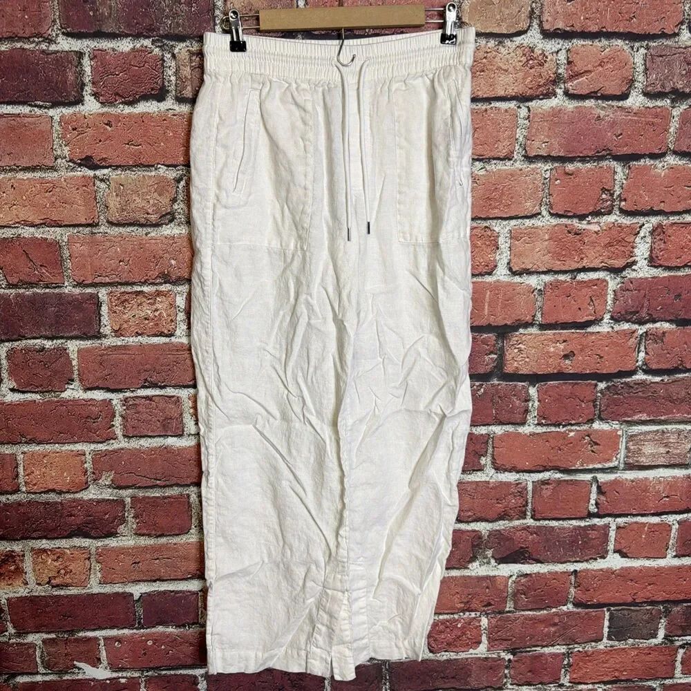 Athleta Cabo Linen Wide Leg Pants 8T White Coastal Minimalist Euro Chic Pull On